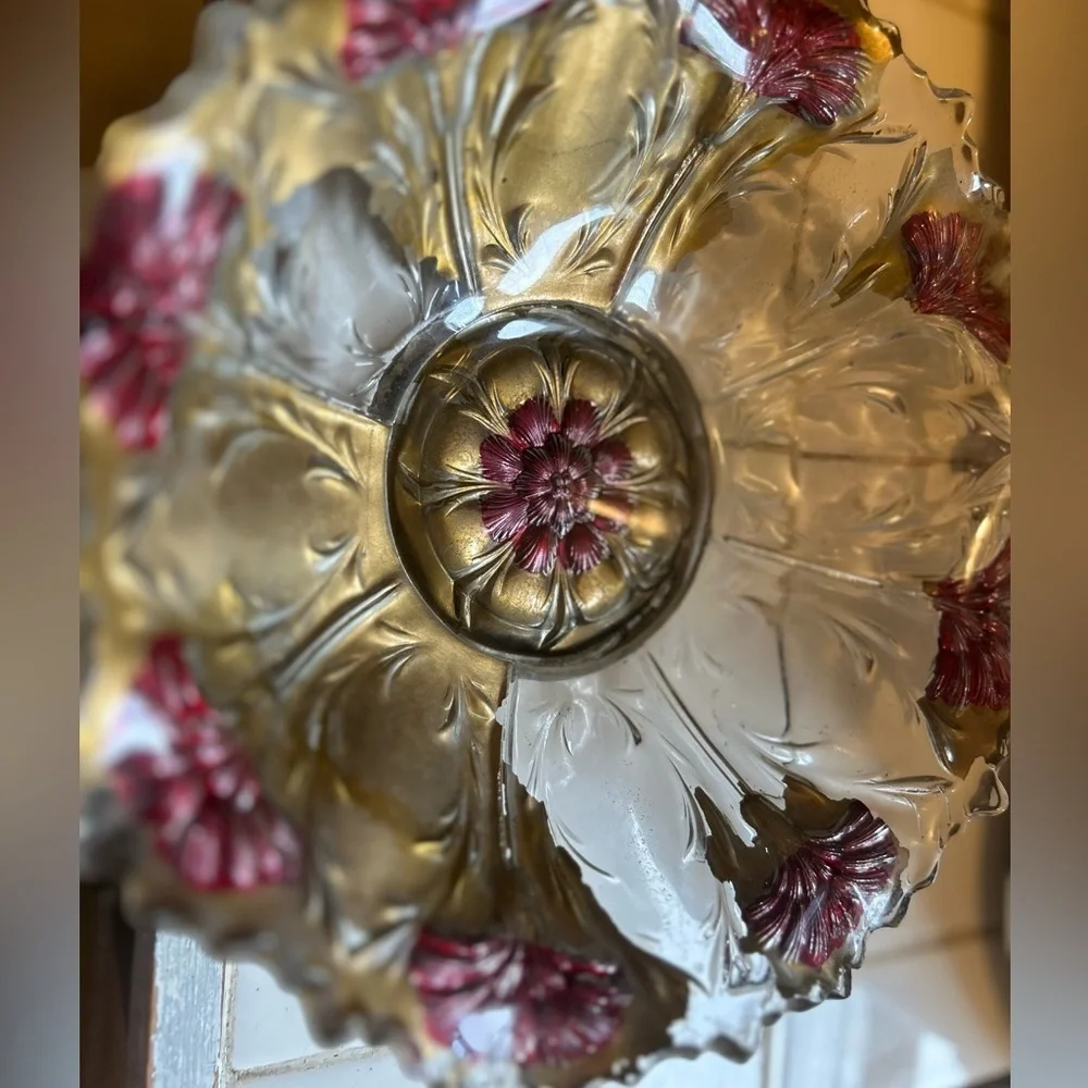 Antique Goofus Glass Bowl Red Carnation Gold Scalloped Intaglio Floral Dish MCM